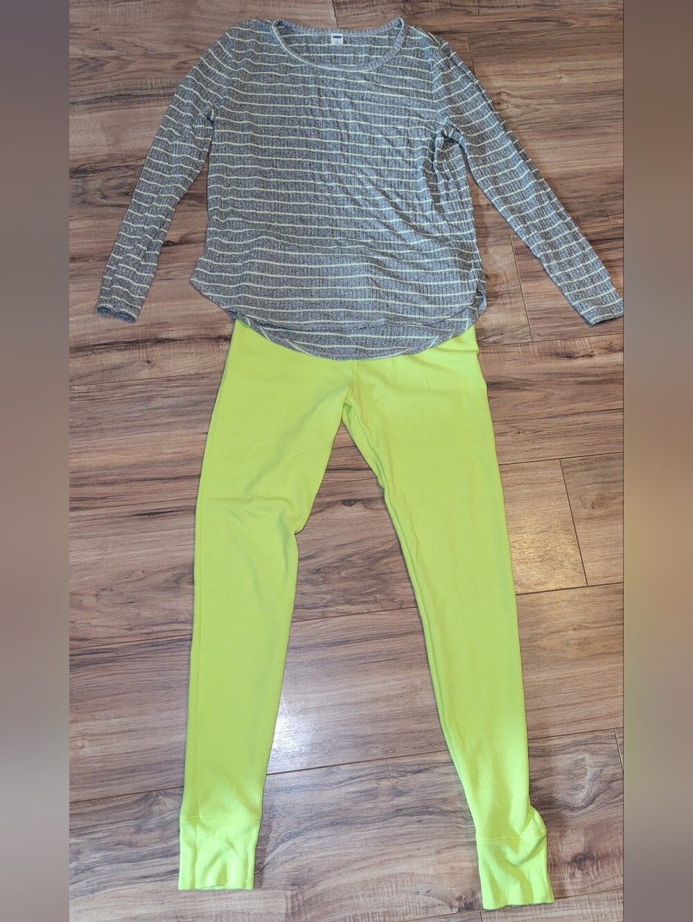 Old Navy Pajama Set Gray Striped Top with Neon Yellow Leggings